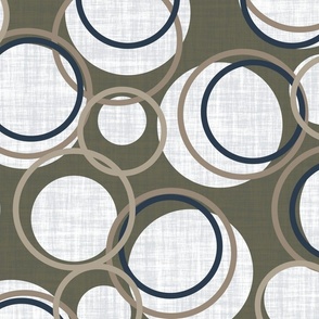 Modern Brown Taupe Navy and White Circles on a Olive Green Background