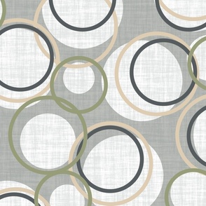 Modern Taupe Dark Grey Green and White Circles on a Grey Background 