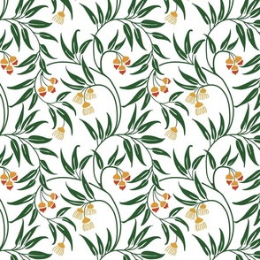 Vintage British Voysey Berries Green Leaves Yellow Flowers on White