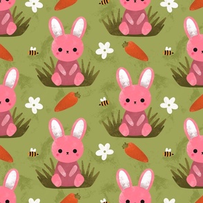 Cute Pink Spring Bunny Rabbit Easter Flower Pattern With Carrots and Bumblebees On Sage Green