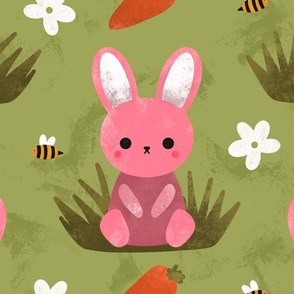 (Large Scale) Cute Pink Spring Bunny Rabbit Easter Flower Pattern With Carrots and Bumblebees On Sage Green