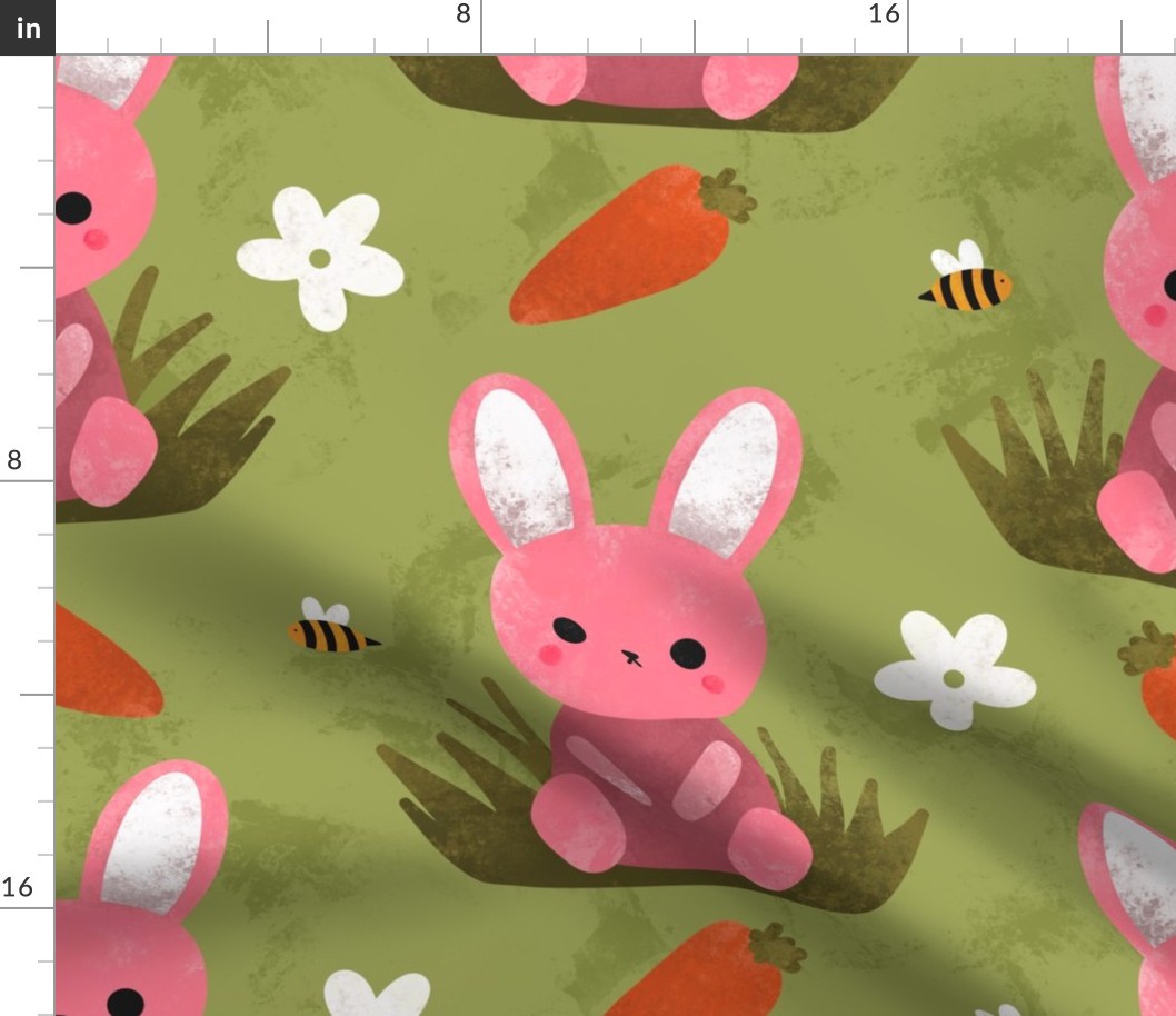 (Large Scale) Cute Pink Spring Bunny Rabbit Easter Flower Pattern With Carrots and Bumblebees On Sage Green