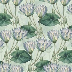 Nostalgic Asian Lotus Springflowers Vintage Garden: Antique Blue Flowers Fabric, Nelumbonaceae home decor,  green double layer