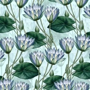 Nostalgic Asian Lotus Springflowers Vintage Garden: Antique Blue Flowers Fabric, Nelumbonaceae home decor,  twilight 