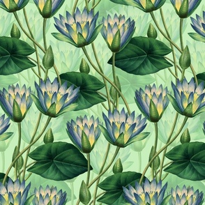 Nostalgic Asian Lotus Springflowers Vintage Garden: Antique Blue Flowers Fabric, Nelumbonaceae home decor,  shiny green
