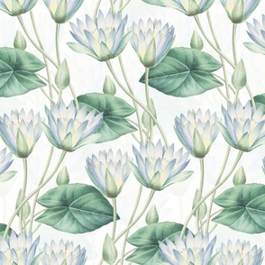 Nostalgic Asian Lotus Springflowers Vintage Garden: Antique Blue Flowers Fabric, Nelumbonaceae home decor,  white 