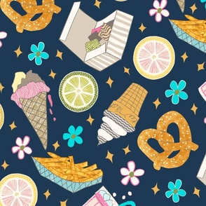 (L) Boardwalk Snacks, Beach Treats, Shore Fun Fast Food on Dark Blue