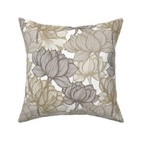 Water lily Asian blossom flowers. Art deco floral gold line art. 