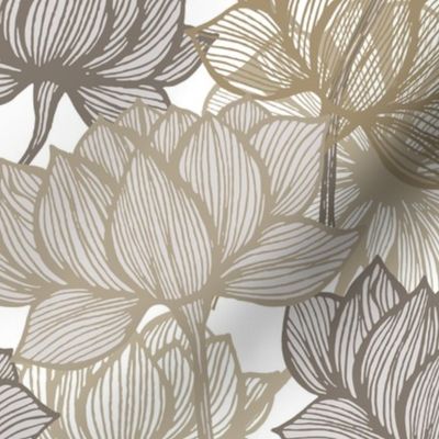 Water lily Asian blossom flowers. Art deco floral gold line art. 