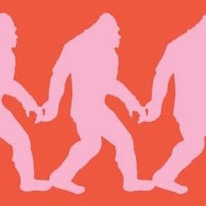 Bigfoot Holding Hands in Bright Orange and Pastel Pink
