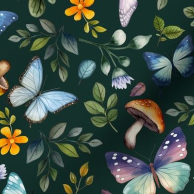 Wild Forest – Butterflies and Mushrooms (dark green)