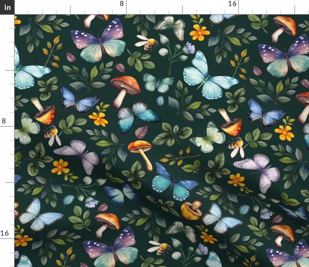 Wild Forest – Butterflies and Mushrooms (dark green)