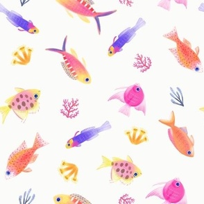 SMALL Tossed Colorful Coral Reef Fish on a white background 