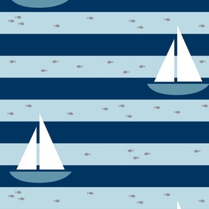 Sailboat and Fish Stripes Blue- Large Print