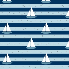 Sailboat and Fish Stripes Blue- Medium Print
