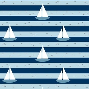 Sailboat and Fish Stripes Blue- Small Print