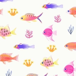 SMALL Directional Colorful Painterly Coral Reef Fish in bright pink, orange, purple, yellow colors on a light white background