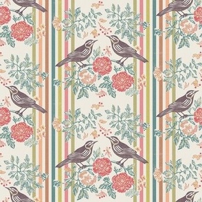 bird pair and roses on stripes - light and colorful - smallscale