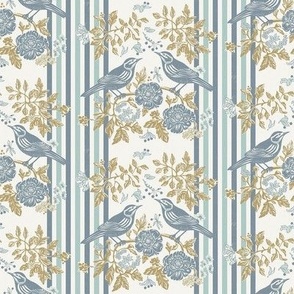 bird pair and roses on stripes - blue and gold - smallscale