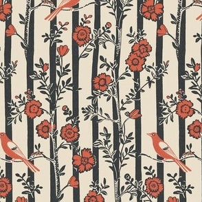 birds in virtical stripe trees - red and black - smallscale