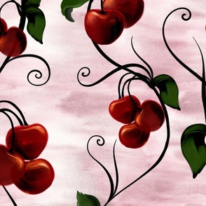 Red juicy cherry on watercolor background
