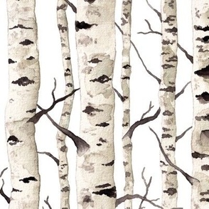Birch trees watercolor beige on white large