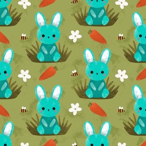 Cute Teal Blue Spring Bunny Rabbit Easter Flower Pattern With Carrots and Bumblebees On Sage Green