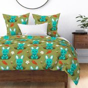 (Large Scale) Cute Teal Blue Spring Bunny Rabbit Easter Flower Pattern With Carrots and Bumblebees On Sage Green