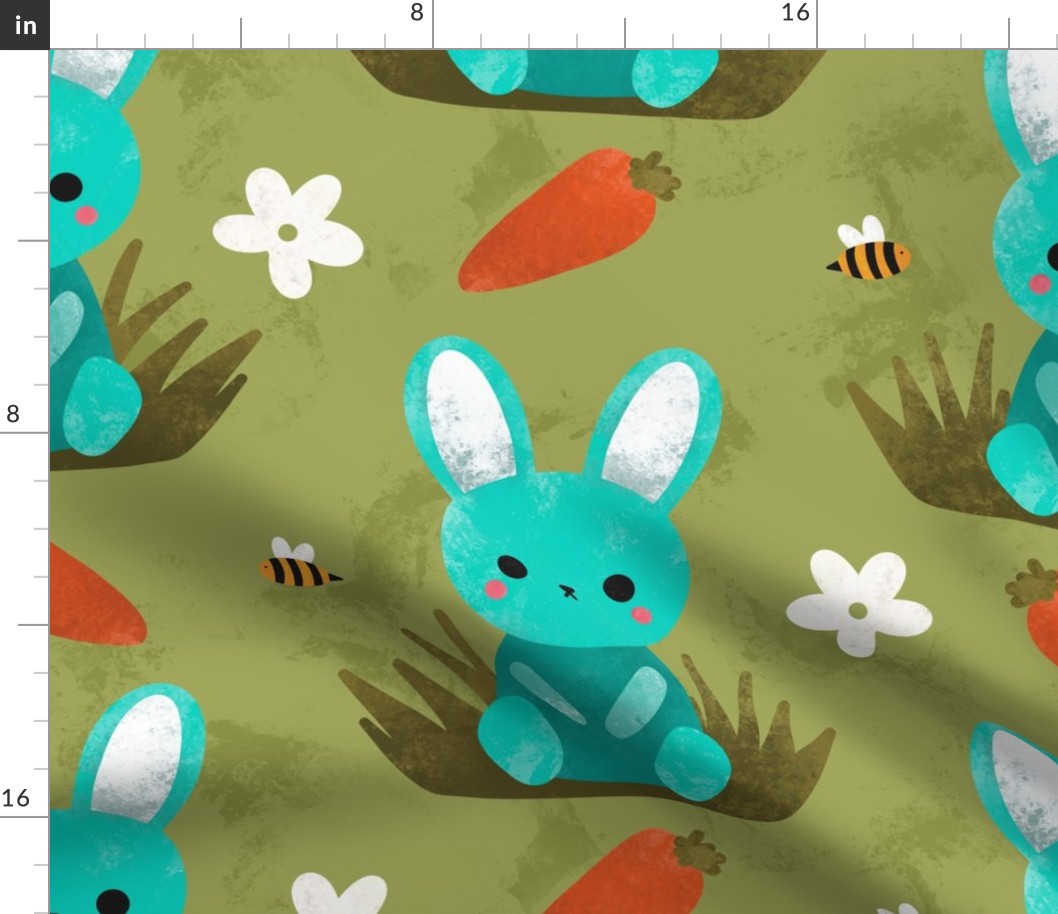 (Large Scale) Cute Teal Blue Spring Bunny Rabbit Easter Flower Pattern With Carrots and Bumblebees On Sage Green