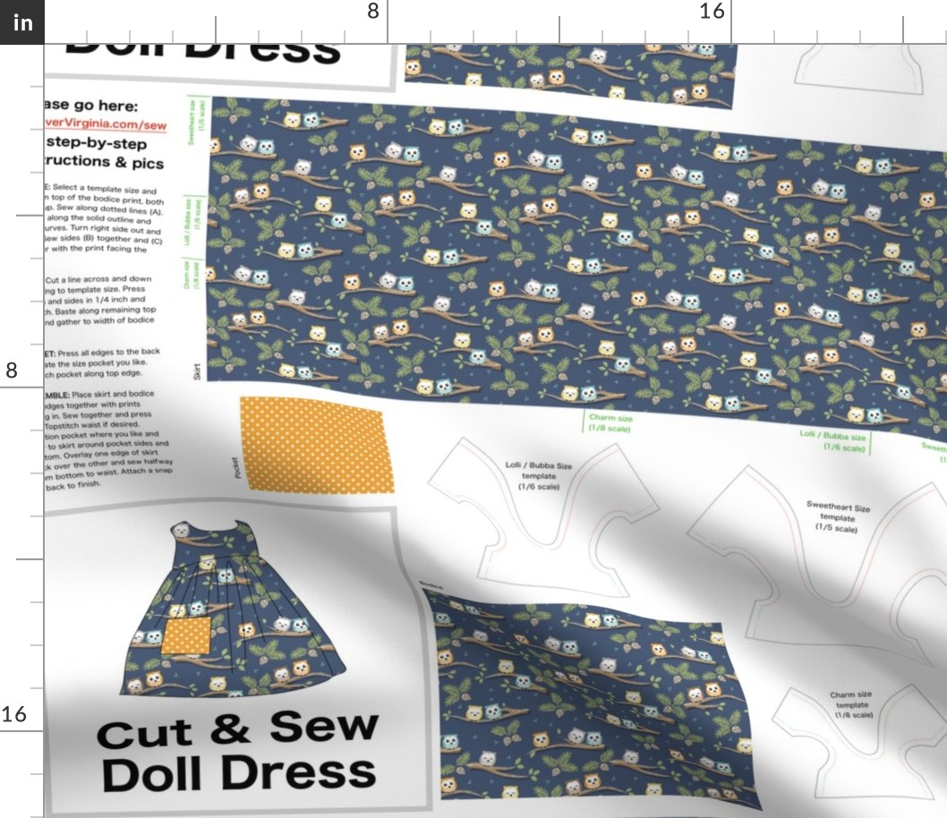 Cut & Sew Dress (Little Owl Forest - dark) on FAT QUARTER for Forever Virginia Dolls and other 1/8, 1/6 and 1/5 scale child dolls // little small scale tiny mini micro doll