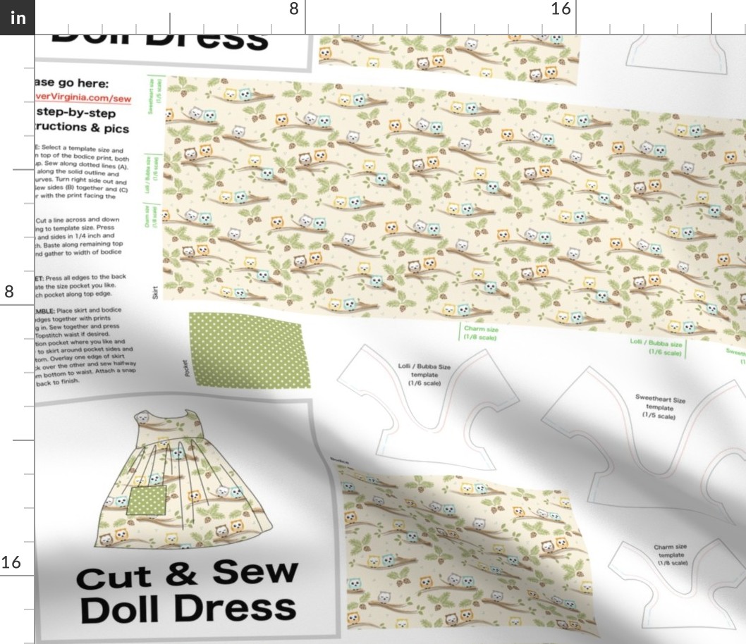 Cut & Sew Dress (Little Owl Forest - light) on FAT QUARTER for Forever Virginia Dolls and other 1/8, 1/6 and 1/5 scale child dolls // little small scale tiny mini micro doll