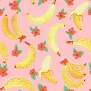 Tropical Bananas and Hibiscus Flowers | Pink 18x18