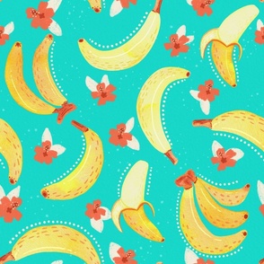 Tropical Bananas and Hibiscus Flowers | Blue 18x18
