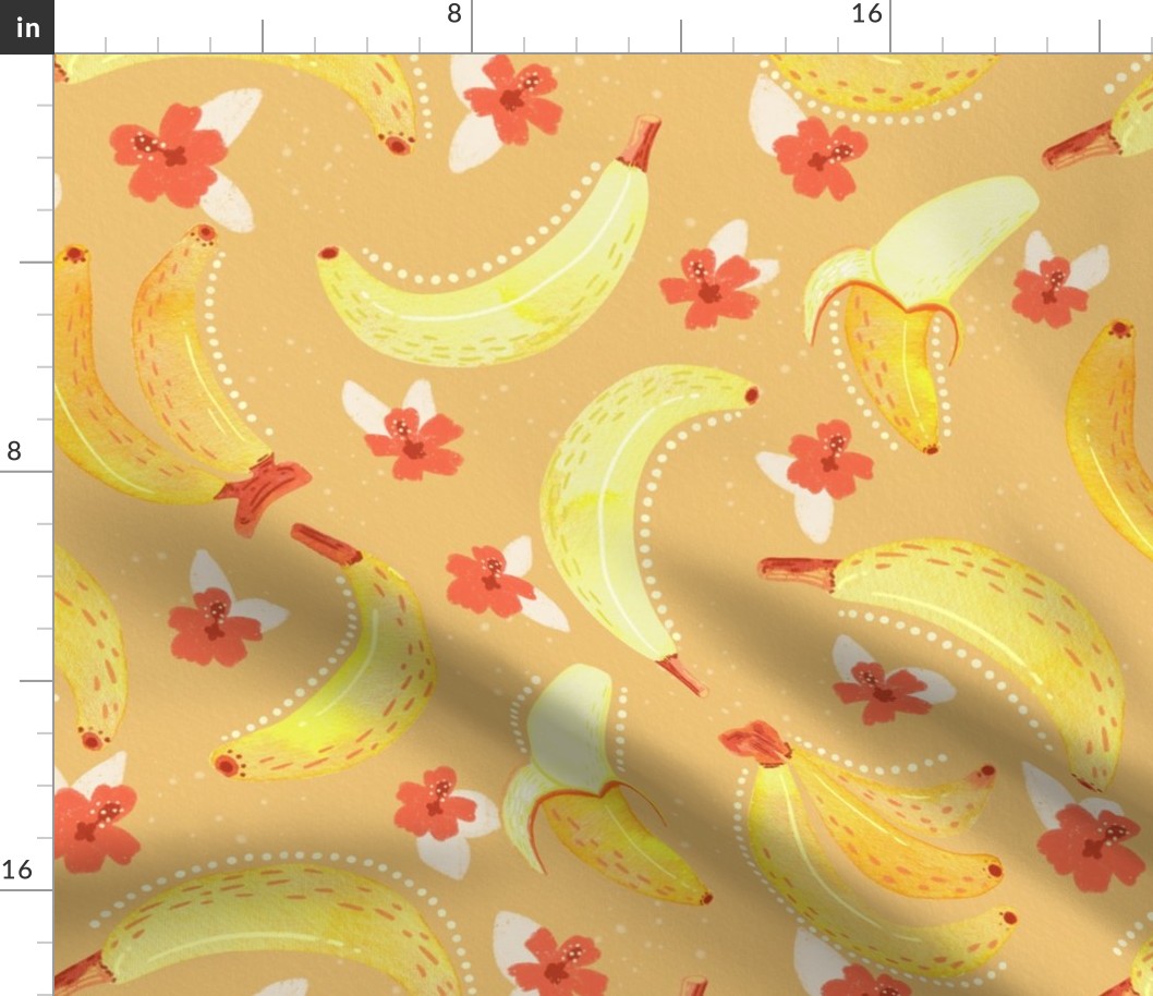 Tropical Bananas and Hibiscus Flowers | Tan 18x18