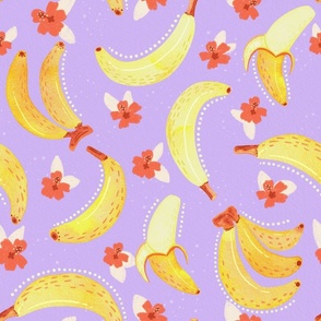 Tropical Bananas and Hibiscus Flowers | Purple 18x18