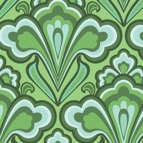 Larger Scale // Classic Decorative Swirls in Moss Greens and Light Aqua Blue