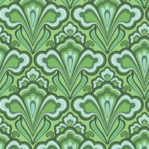Medium Scale // Classic Decorative Swirls in Moss Greens and Light Aqua Blue