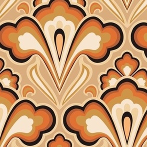 Larger Scale // Classic Decorative Swirls in Burnt Orange, Goldenrod, Light Brown, Cream and Black