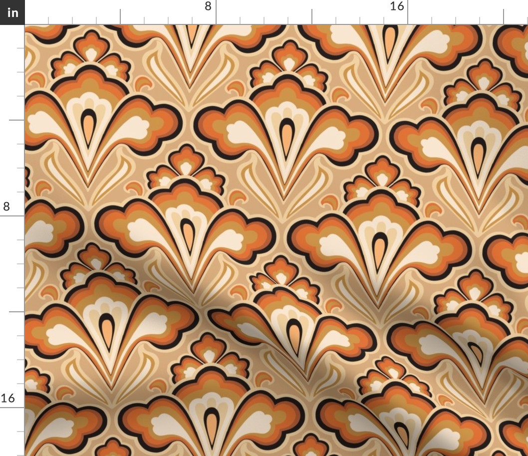 Large Scale // Classic Decorative Swirls in Burnt Orange, Goldenrod, Light Brown, Cream and Black