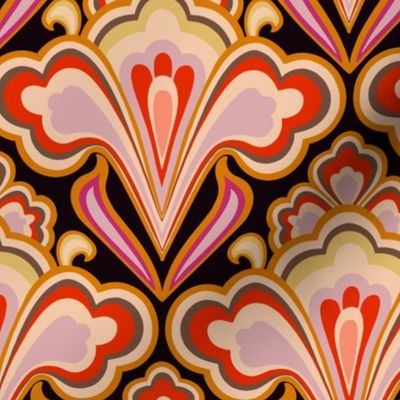 Large Scale // Classic Decorative Swirls in Bold Coral Red, Pink, Yellow & Dark Gray
