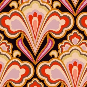 Larger Scale // Classic Decorative Swirls in Bold Coral Red, Pink, Yellow & Dark Gray