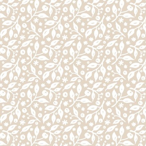medium - Blueberry branches with leaves and berries - white on light swan beige