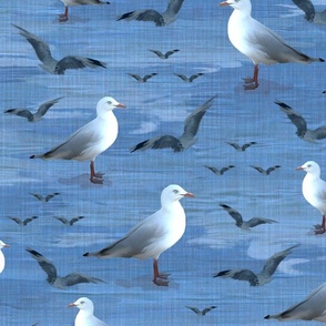 Marine Blue Seaside Seagulls, Nautical Themed Fishing Birds, Summer Bathroom Aesthetic, Serene Birds in Flight, MEDIUM SCALE