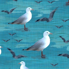 Aqua Blue White Flock of Birds, Gray White Flying Seagulls, Summer Vacation Coastal Chic, Blue Ocean Water Theme, White Gray Flying Birds, LARGE SCALE
