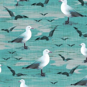 Peaceful Seascape Illustrated Birds, Beach Holiday Vacation, White Seashore Seagulls, Ocean Aqua Blue Brushstrokes, Nautical Style Coastal Artwork, MEDIUM SCALE
