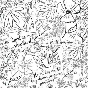 Black and White Pen and Ink Psalm 23 The Lord Is My Shepherd Handdrawn Wildflowers Handlettered Bible Verse Scripture Art For Mom Spring Summer Gardener Gifts 