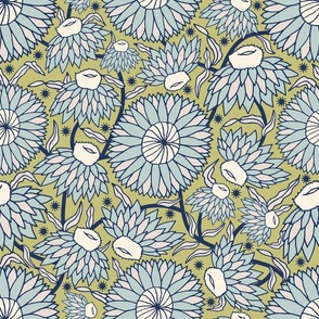 Straw Flowers - Australian flora - light blue, navy blue, olive green, off-white