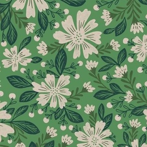 LARGE floral retro vintage jade green and dark green with off white cream flowers