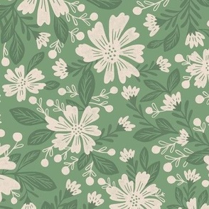 LARGE floral retro soft green with off white cream flowers