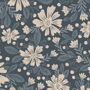 LARGE floral dark and dusty country blue with off white cream flowers